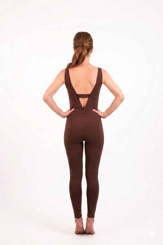 Yoga Jumpsuit Dames - Fitness Jumpsuit One Piece - Sportpak met Open Rug & Uitneembare Pads - Shaping Sport Outfit - Bruin- M — afbeelding 4