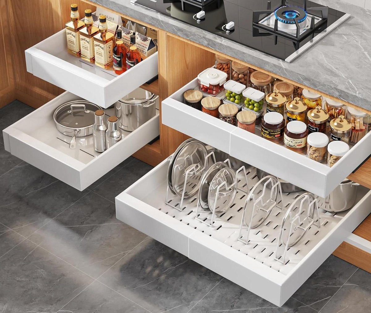 Kast Organizer - Uittrekbare Laden - Keuken Opbergen - Verstelbare Breedte - 52 cm Diep - Wit