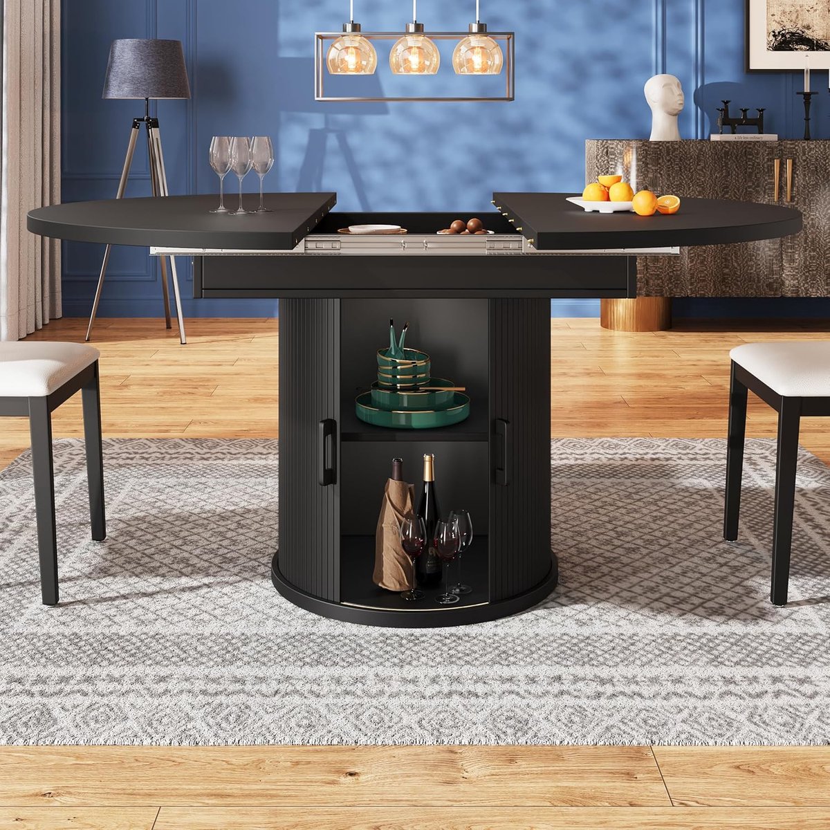 Uitschuifbare Ronde Design Eettafel naar Ovaal met Opbergruimte, Schuifblad en Moderne Look 118 cm tot 158 cm x 118 cm x 76,8 cm – Zwarte Keuken- en Woonkamertafel voor 6 Personen
