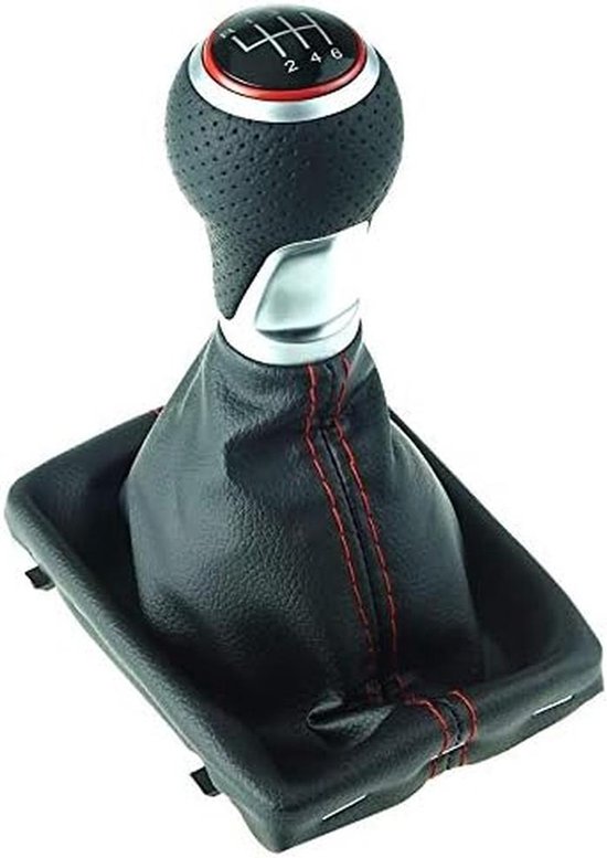 Schakelset Leder - Versnellingspook Set - Auto Interieur Upgrade - Geperforeerd Design Rode Naad - 6 Versnellingen - Zwart Chroom van Merkloos — afbeelding 2