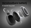Exploded view van de tracker, met de verwisselbare batterij, behuizing en een karabijnsluiting. Tekst: "Verwisselbare batterij 12 maanden lang power".