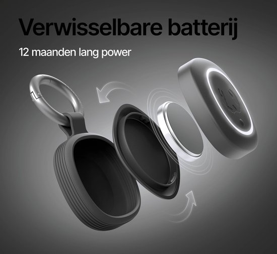 Exploded view van de tracker, met de verwisselbare batterij, behuizing en een karabijnsluiting. Tekst: "Verwisselbare batterij 12 maanden lang power".