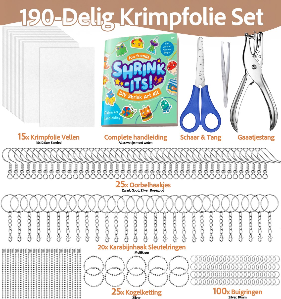 185-Delig Krimpfolie Knutselpakket - 15 Krimp Folie Vellen 15*11cm met Oorbel Haakjes/Sleutelringen/Gaatjestang/Hangers - Krimpie Dinkie Dimpie Knutselen Pakket voor Jongens/Meisjes - Sieraden/Oorbellen/Sleutelhangers Maken Knutselset — afbeelding 2