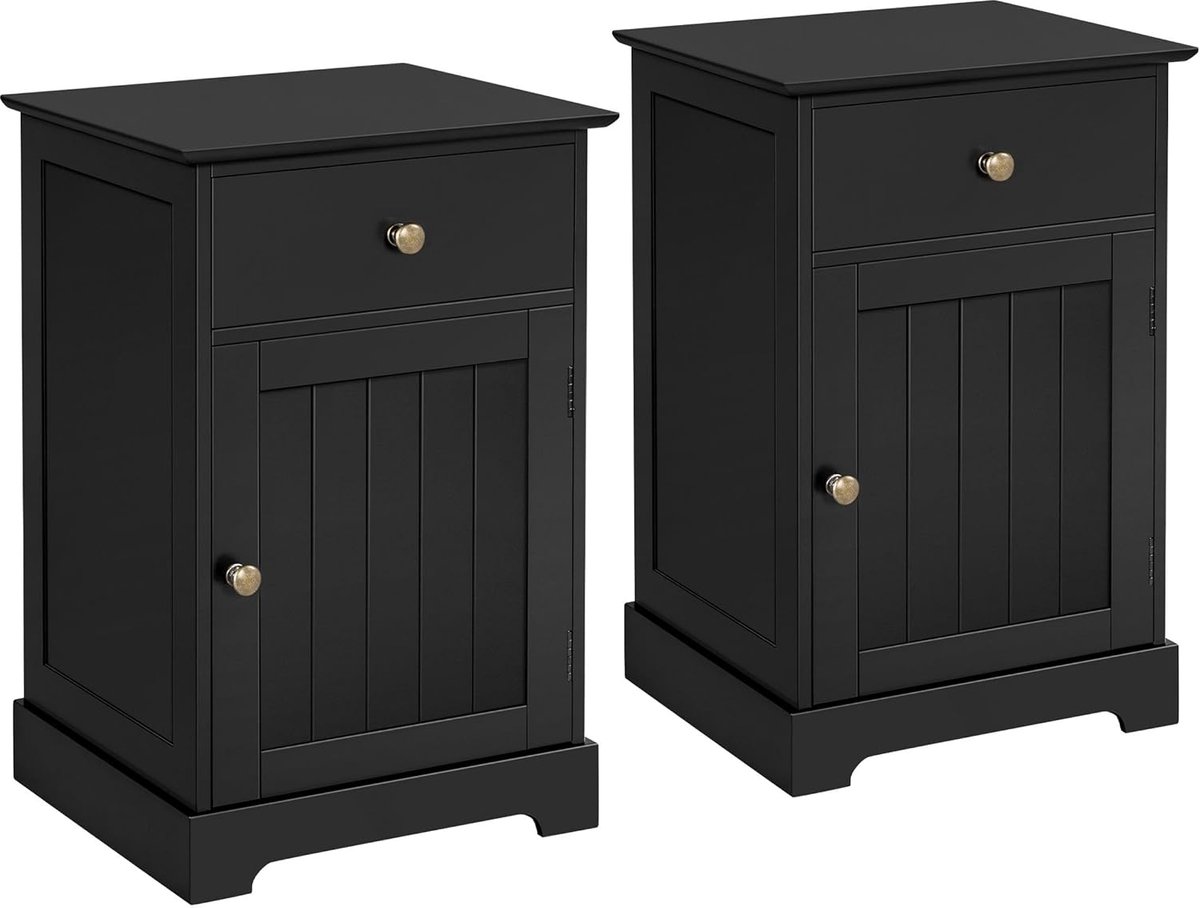HOMESY Set van 2 nachtkastjes, nachtkastjes, nachtkastje met lade, bijzettafel met verstelbare legplank, salontafel met veel opbergruimte, boxspringbed, slaapkamer, woonkamer, zwart