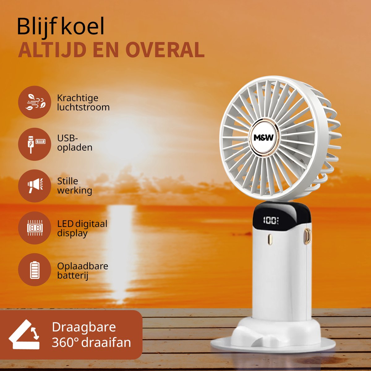 M&W Draagbare Hand Ventilator Hand Fan - Airco Verkoeling USB Ventilatoren - Handventilator Wit — afbeelding 8