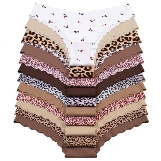 Twaalf slips opgestapeld, met kersenprint, luipaardprint, effen kleuren en golvende randen.