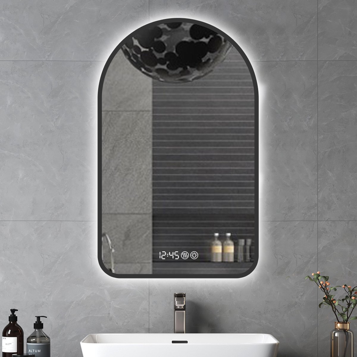 Vvbv 60x120cm LED Boogspiegel voor Badkamer met Zwart Frame, Anti-Condens, Dimbaar, 3 Kleuren, Tijd & Temperatuur Weergave
