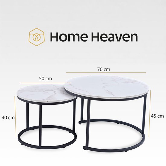 Afmetingen van twee ronde tafels met marmerlook blad en zwart onderstel. De ene is 70cm breed en 45cm hoog, de andere 50cm breed en 40cm hoog.