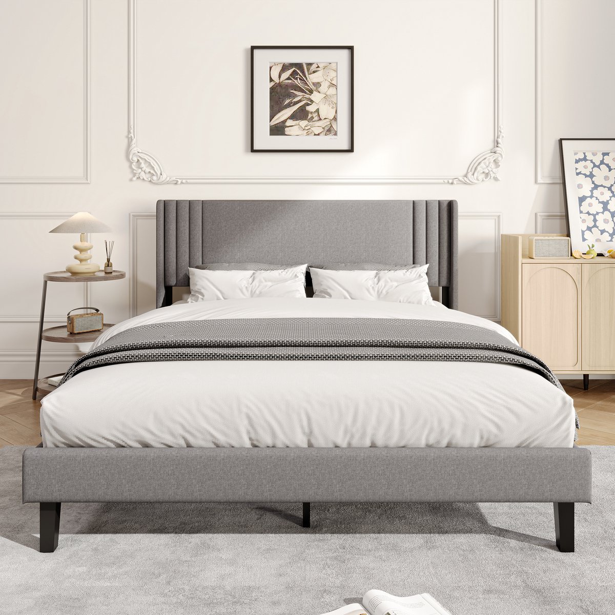 ROSAHQNDA Gestoffeerd bed met hoofdbord en lattenbodem, 160 x 200 cm, moderne stijl, eenvoudig en comfortabel, gemakkelijk te monteren, grijze linnen stof, exclusief matras Grijs