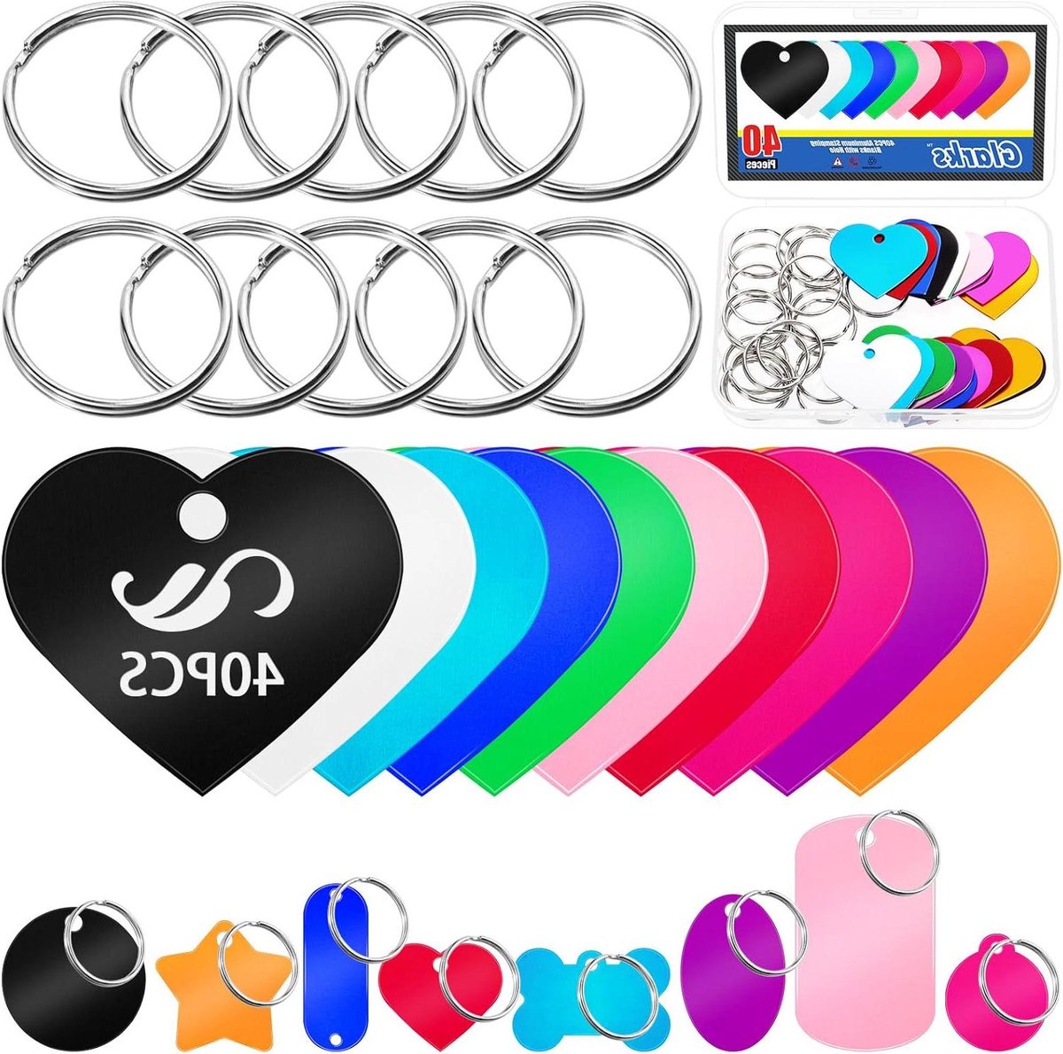 Hartvorm Graveer Tags - Bedels Metaal - Sieraden Maken - Lichtgewicht Aluminium - 40 Stuks Kit - 10 Kleuren
