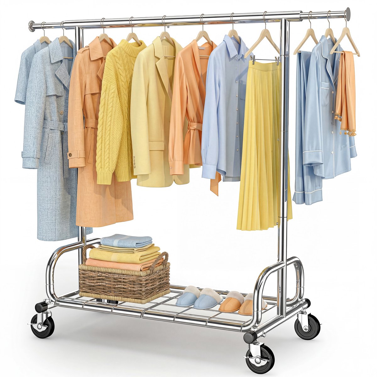 HOKEEPER Zwaar kledingrek op wielen – 136 kg draagkracht, E-vormige constructie, 3-in-1 (kleding, schoenen, paraplu's) – Zilver
