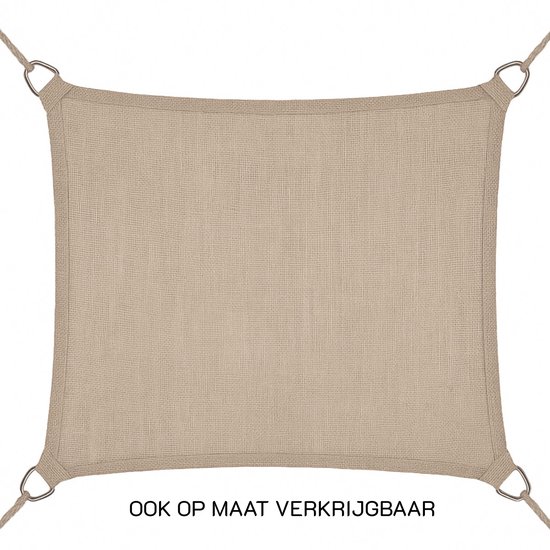 Beige vierkant schaduwdoek van jute, met aan elke hoek een D-ring en touw. Ook verkrijgbaar op maat.