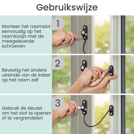 Instructies voor het monteren en gebruiken van een Purepeak raamslot.