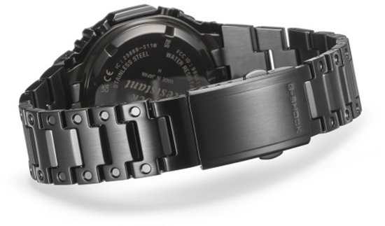 Zwarte G-SHOCK metalen band met gesp en achterkant van de kast.