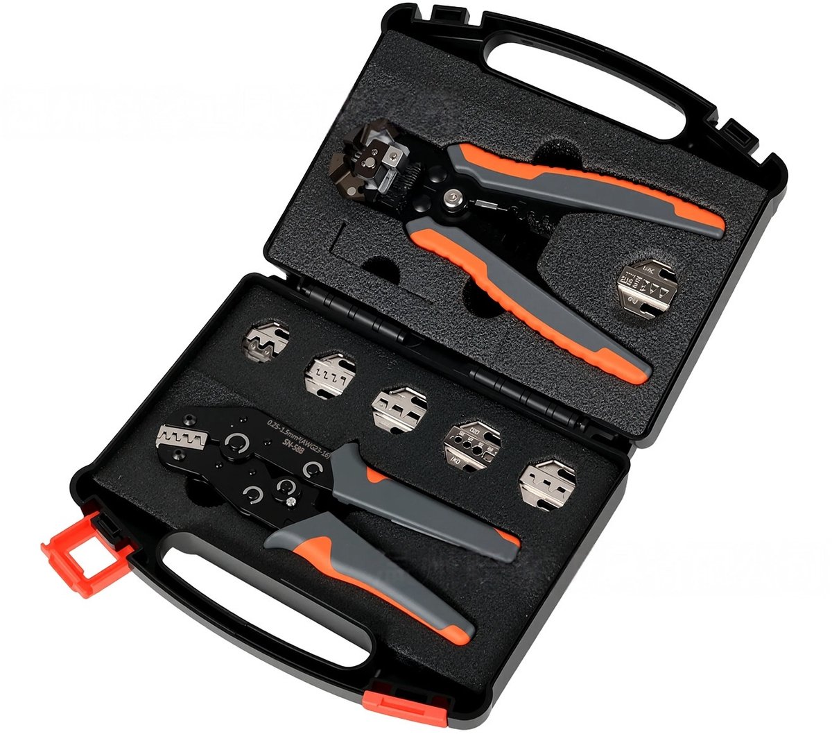 carmdering - Krimptang Set - Kabelschoentang - Adereindhulzentang - Met automatische draadstripper en 6 matrijzensets - Voor kabelschoenen, adereindhulzen, vorken, stekkers, MC4 - Instelbare krimpdruk, ratelmechanisme - Incl. opbergkoffer - Oranje