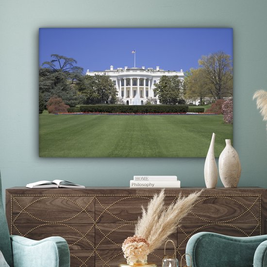 Canvas schilderij 150x100 cm - Wanddecoratie Witte Huis gazon Washington DC - Muurdecoratie woonkamer - Slaapkamer decoratie - Kamer accessoires - Schilderijen op canvas