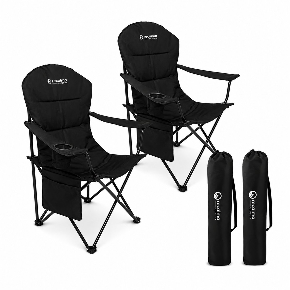 Recalma Campingstoel XXL - Opvouwbaar - Set van 2 - Hoge Rugleuning & Neksteun – Bekerhouder & Opbergvak – 120 kg – Visstoel Klapstoel – Incl. Draagtas – Zwart
