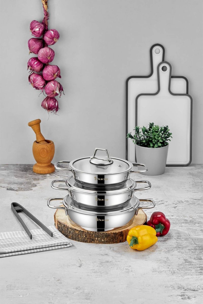 Polochef- POG-100 - 6-Delige RVS Sahan Set met Glazen Deksels – 16 / 18 / 20 cm – 18/10 Roestvrij Staal – Inductie Geschikt – Zilver