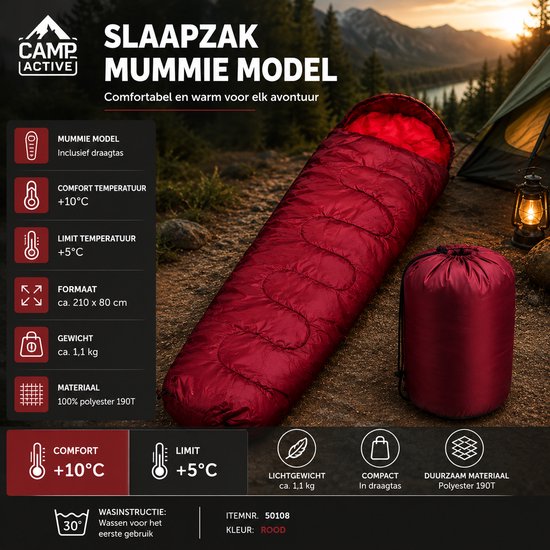 Camp Active Mummy Slaapzak - Zomerslaapzak voor 5°C tot 10°C - 210 x 80 cm - Rood van Camp Active — afbeelding 5