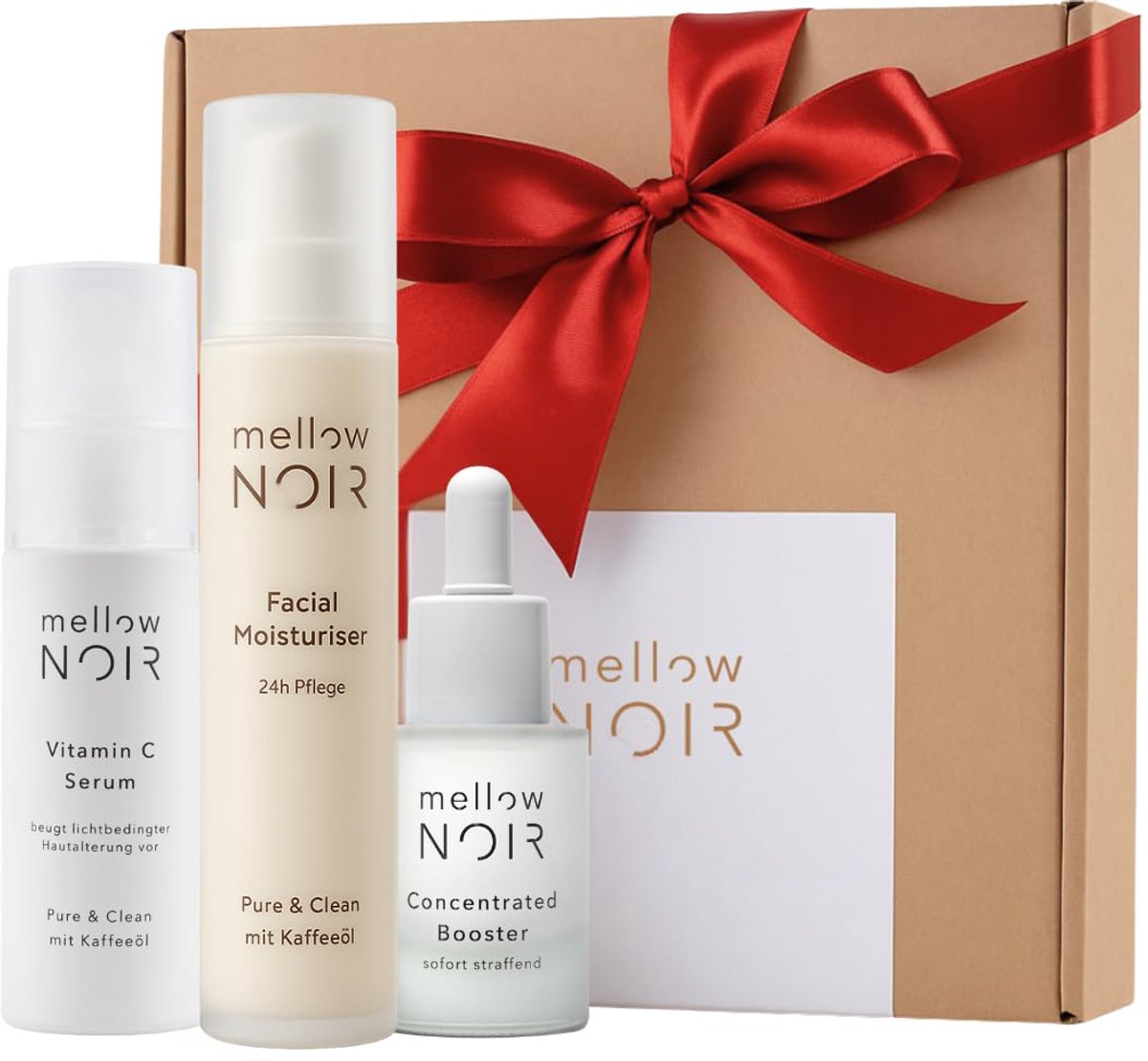 mellow NOIR Skincare Set - Hyaluronzuur Serum, Dagcrème, Vitamine C Serum - met koffieolie - anti-rimpel verzorging - hydraterend - Anti-aging