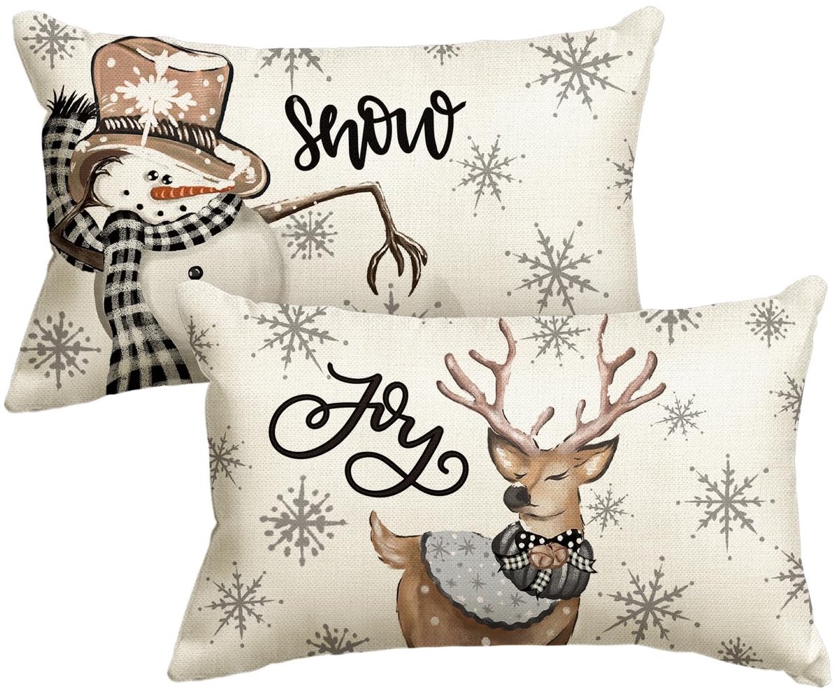 Dailygoody - Kerstman Rendier Kussenslopen - 2-delige set - 30x50 cm - Sierkussen voor Kerstmis - Beige - Woondecoratie - Geschikt voor woonkamer