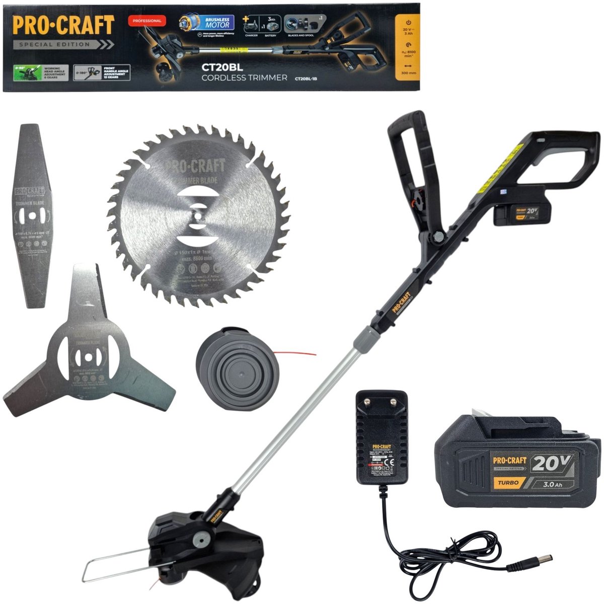 Procraft CT20BL accu-grastrimmer 20 V 30 cm Brushless Black Edition + 1x accu 3,0 Ah + oplader