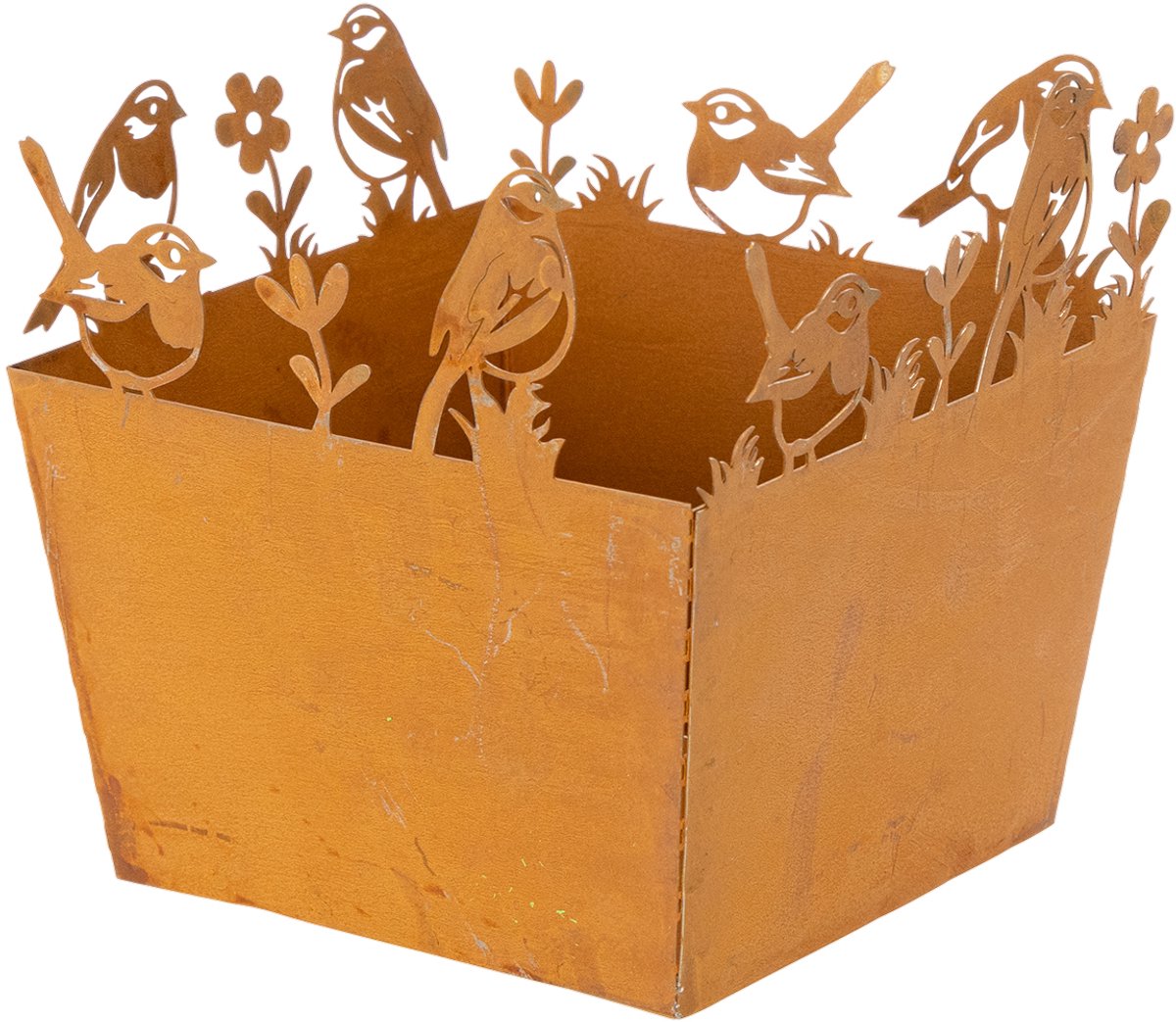 Metalen plantenpot met vogels, plantenbak, veer, roestkleurige afwerki