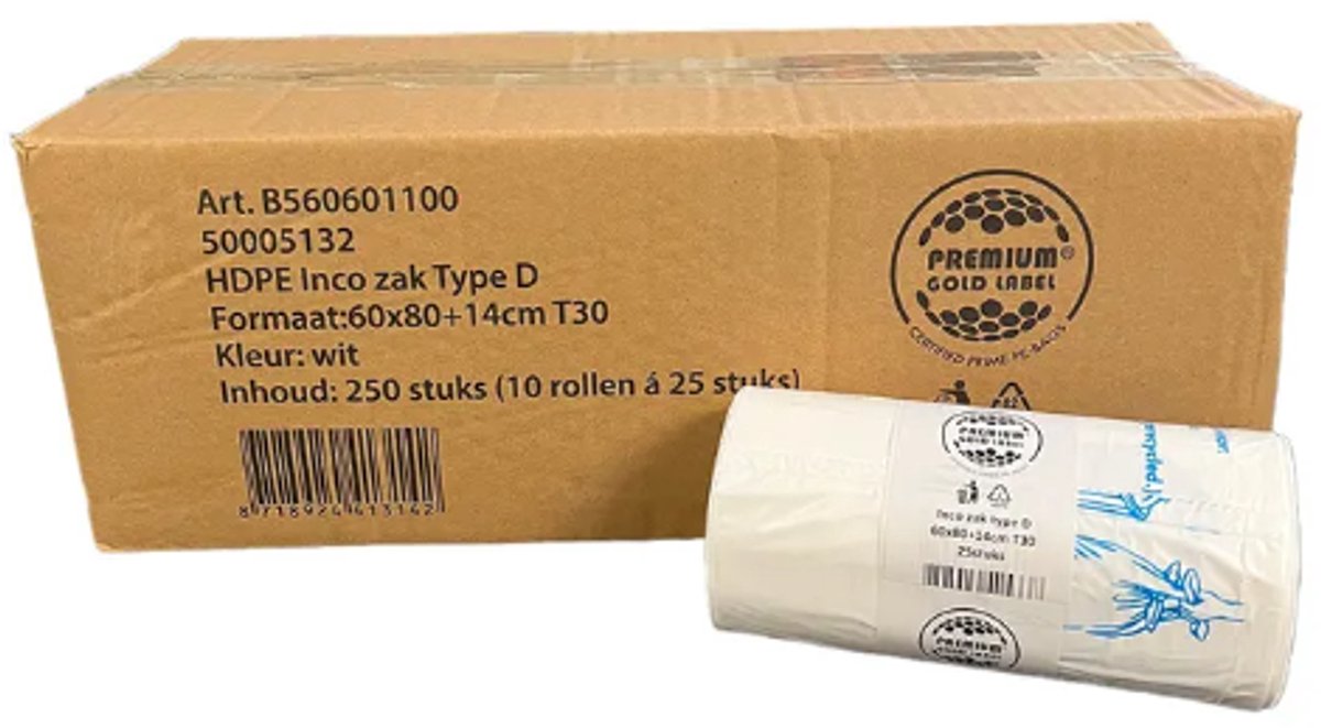 Incontinentie afvalzakken 60x80+14cm T25 HDPE Type D wit - 250 stuks