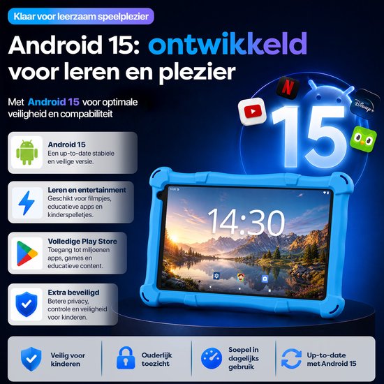 Blauwe kindertablet met Android 15, 7-inch scherm en kindvriendelijke apps. Iconen voor leren, entertainment, Play Store en extra beveiliging.