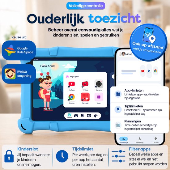 Ouderlijk toezicht op de AngelTech Kindertablet SLIM, met Google Kids Space en iWawa.