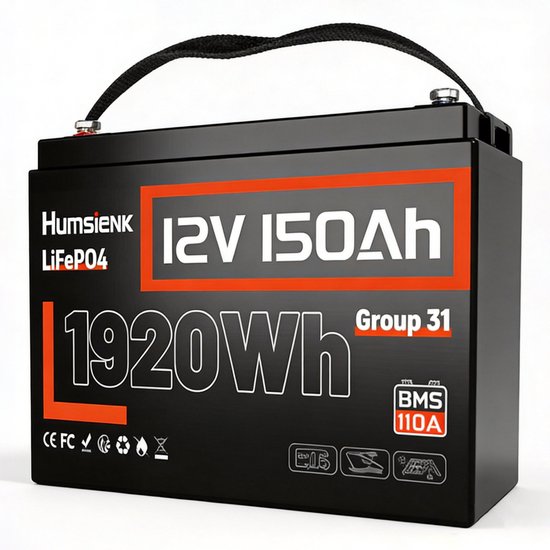 HumsiENK 12V 150Ah LiFePO4-lithiumaccu – BCI Groep 31 – Ingebouwde 110A BMS – Deep Cycle-accu voor zonne-energie, campers, maritiem gebruik en off-grid toepassingen – 15.000+ leven