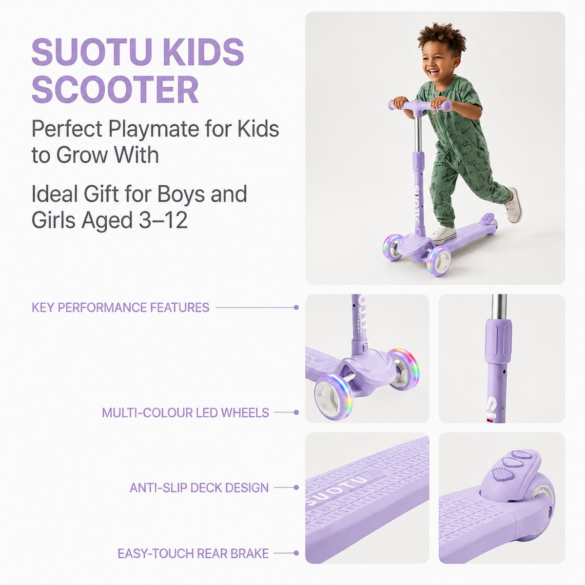 Suotu Kinderstep - Step - 3 Lichtgevende Wielen - EXTRA BREEDE WIELEN - Step 3+ Jaar tot 50kg - Speelgoed Jongens/Meisjes - Lichtpaars — afbeelding 5