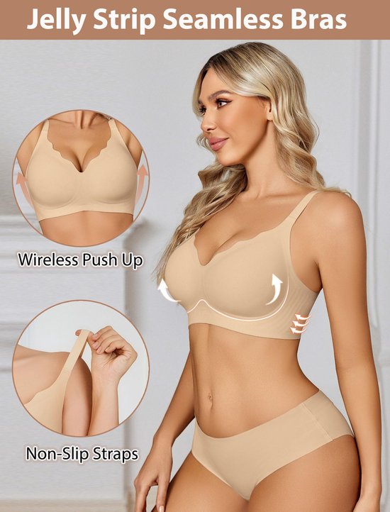 Model in nude naadloze bh, met 'Jelly Strip Seamless Bras', 'Wireless Push Up' en 'Non-Slip Straps'.