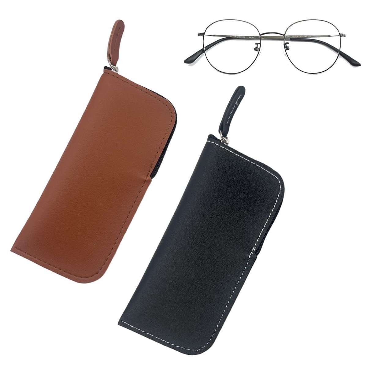 Dailygoods - Set van 2 Lederen Brillenkokers met Ritssluiting voor Zonnebrillen en Leesbrillen