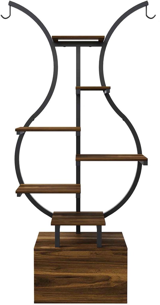 CORE Plantenstandaard - Plantenhouder met groeilamp - Bloemenrek - Industrieel design - Met 6 panken en 2 hangers - Metaal en hout - 40x30x142cm - Rustiek Bruin