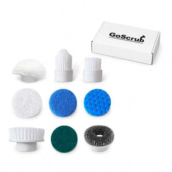 Set met 7 opzetborstels: wit pluizig, puntig wit, plat wit, blauw sponsje, blauwe honingraat, groen schuursponsje, metaalborstel. Met GoScrub doos.