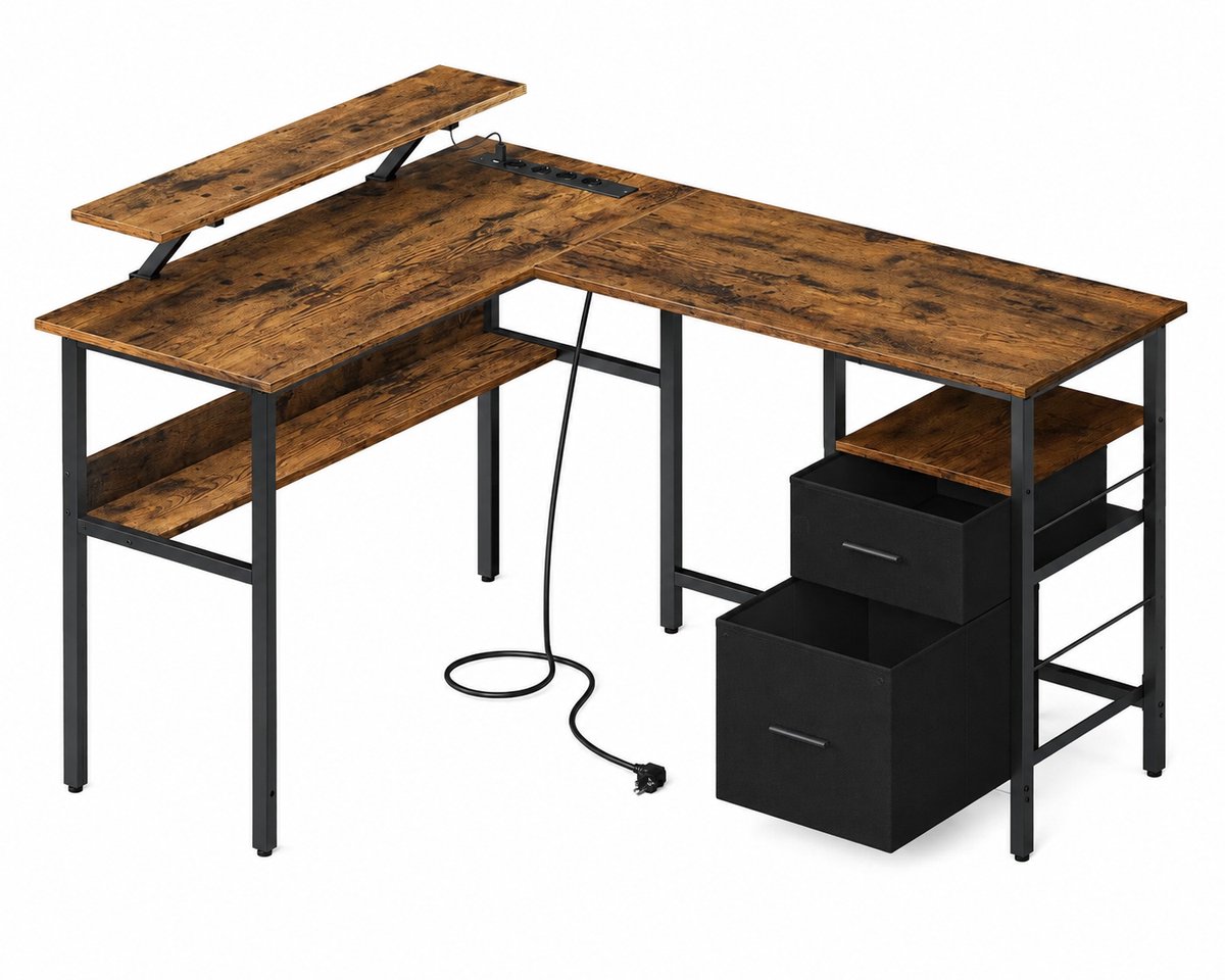 Sello! hoekbureau – bureau – lades – ledverlichting – monitorstandaard – 4 stopcontacten – 2 usb hub – 120x150x76 – zwart vintage bruin