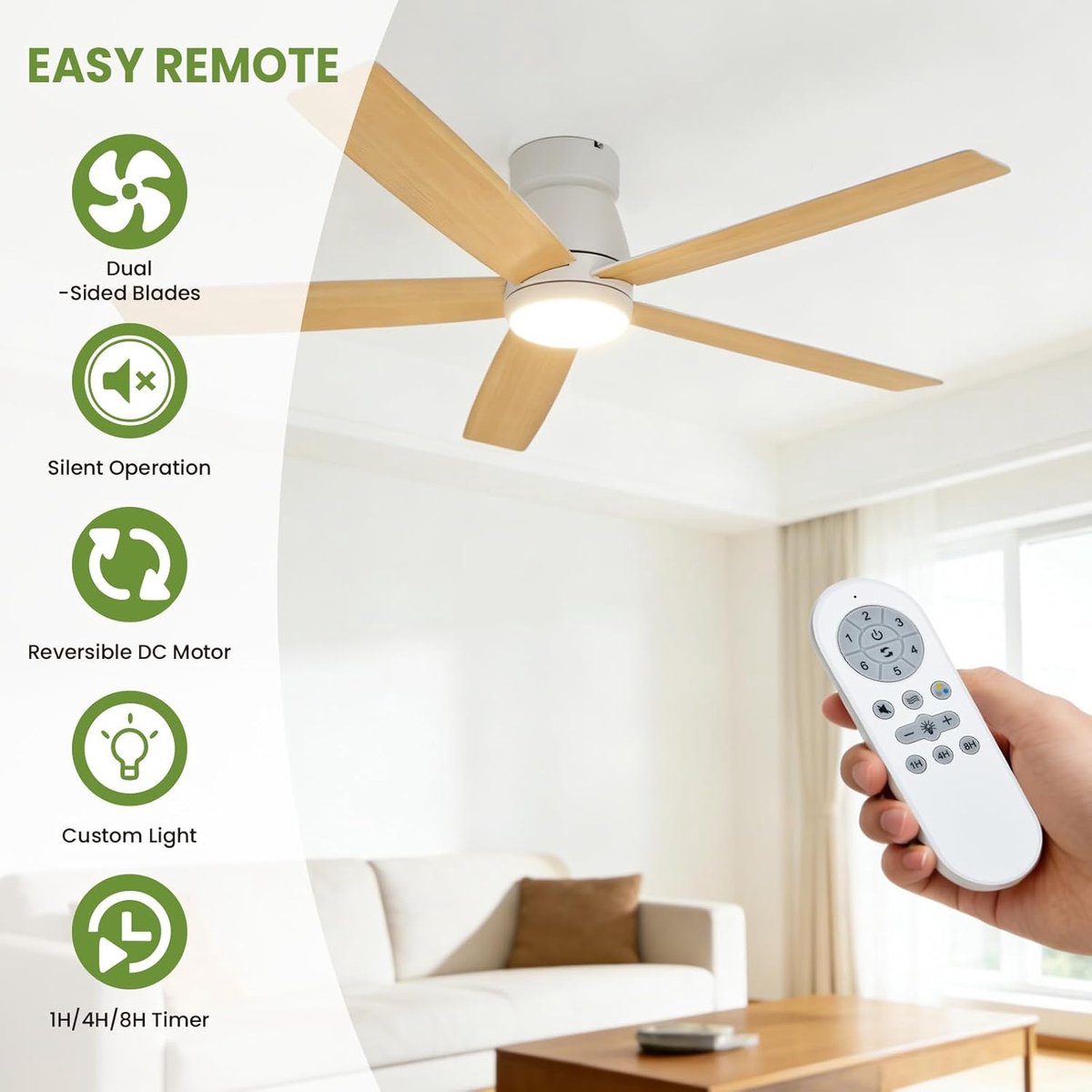 Moderne plafondventilator 52 inch met dimbare LED-verlichting – Stille omkeerbare DC-motor – 3 instelbare kleurtemperaturen – Met afstandsbediening – Energiezuinig – Laaghangende inbouwmontage – 132×132×26 cm – Wit – foto 3