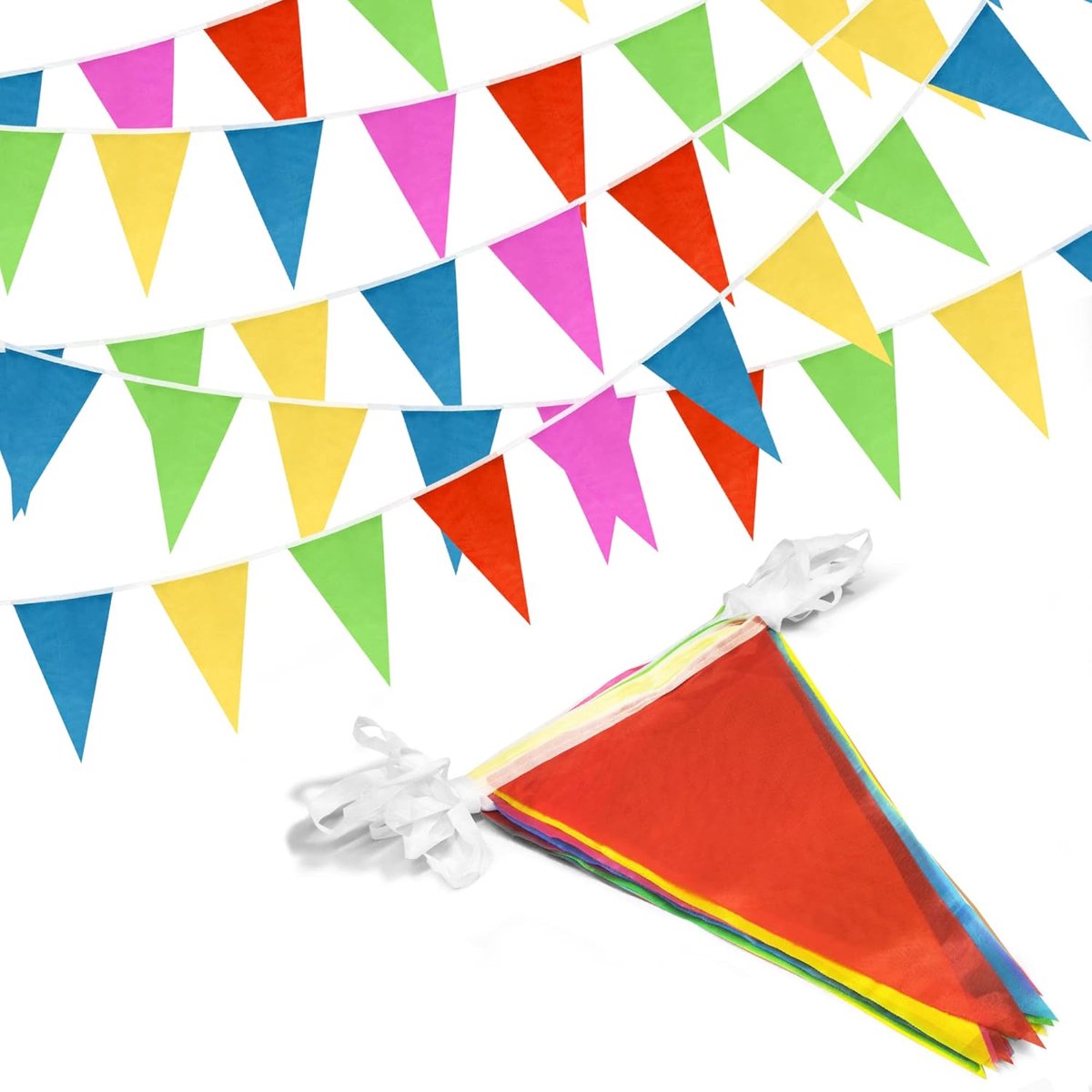 OLOEY Driehoekig spandoek van 100 meter lang met 150 kleurrijke vlaggetjes(20 x 30 cm)voor verjaardagsfeestjes-openingen en kerstversiering