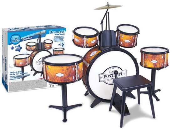 Zesdelig drumstel met kruk, in bruin met een houtnerfpatroon. "ROY BONTEMPI DRUM SET" staat op de grote trom.