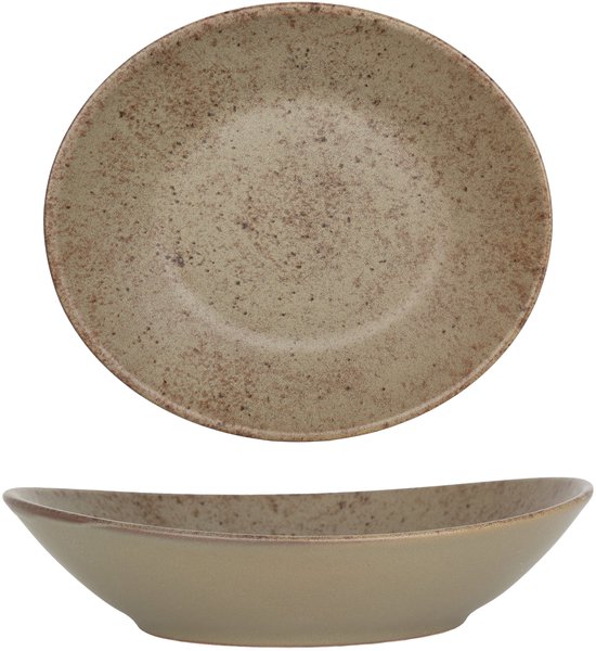 Een grote en een kleine aardewerken kom, beide met een gespikkeld bruinbeige design.