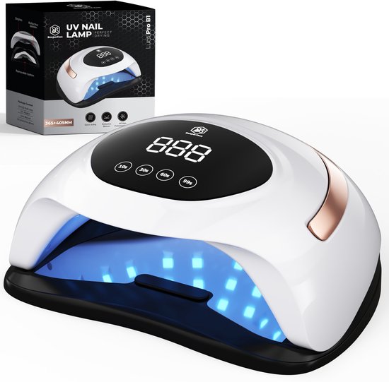 Witte UV nagellamp met roze gouden accenten, blauwe LED-verlichting en digitale timer.