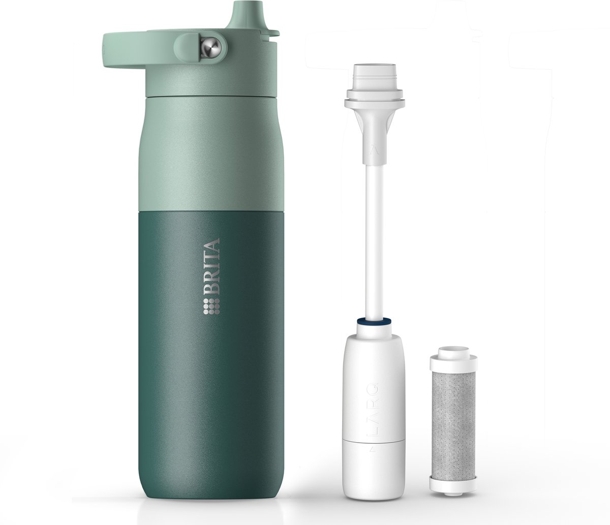 BRITA LARQ Essential waterfles met rietje en waterfilter - Groen - 680ml - RVS waterfles, dubbelwandige thermosfles (24h koud) incl. rietje & actieve koolstoffilter - filtert PFAS, chloor & meer