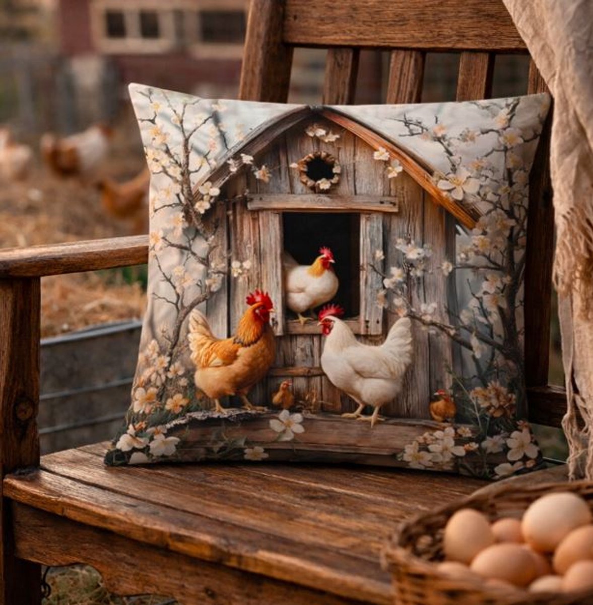Kussenhoes Kippen - Kippenhok - Haan - Sierkussenhoes - Sierkussen - 45x45 cm