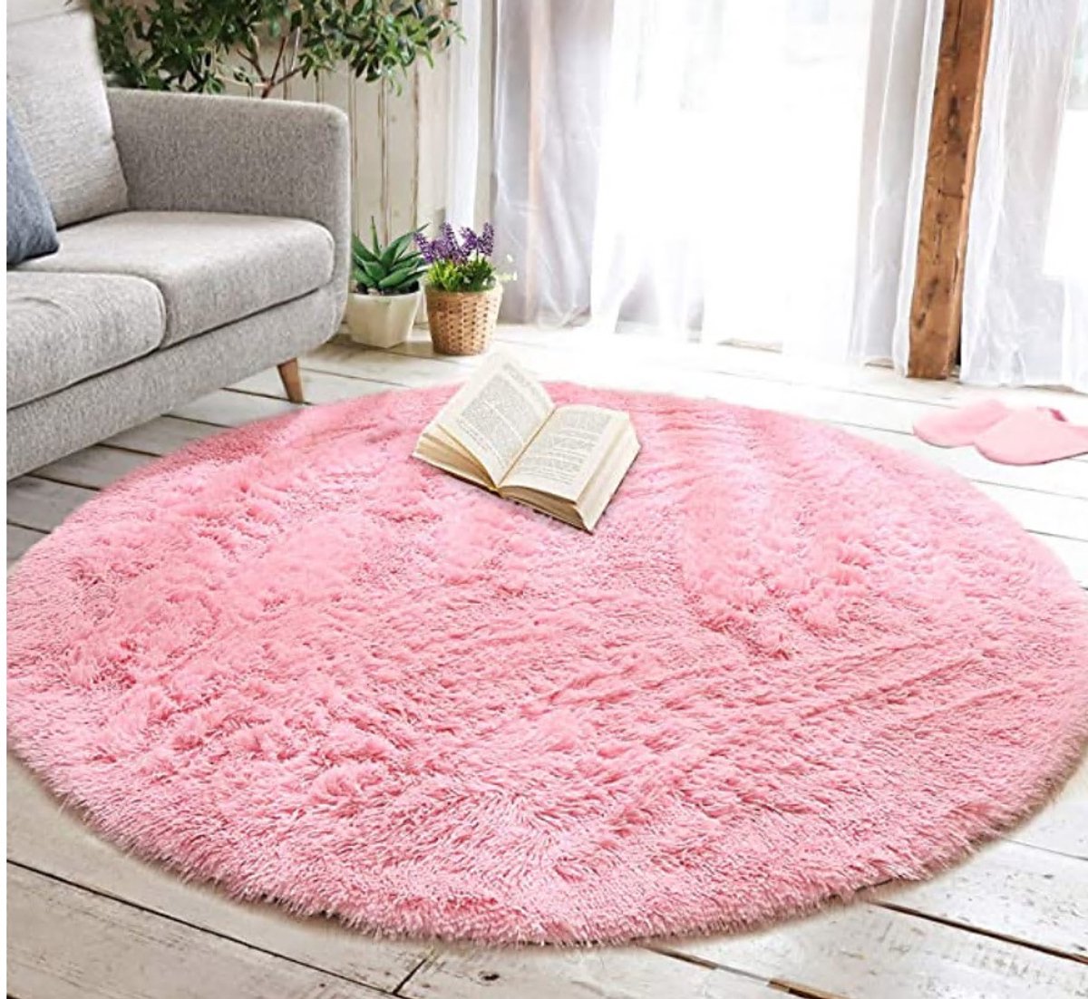 VHV - Rond Vloerkleed Roze - Zacht Pluizig Tapijt 120 x 120 cm - Kinderkamer Vloerkleed met Rubberen Achterkant