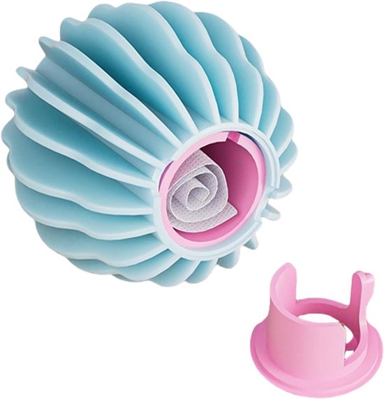Balle de lavage bleue fermée avec un capuchon rose et un capuchon rose séparé.