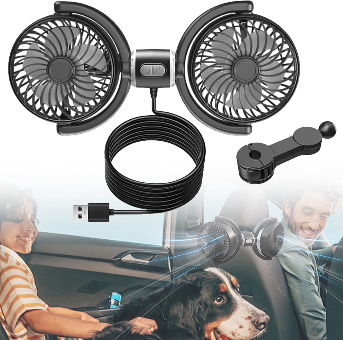 USB-Autoventilator Voor De Achterbank - Autostoelventilator Met Dubbele Kop - Autokoelventilator - 3 Snelheden - 360° Draaibaar