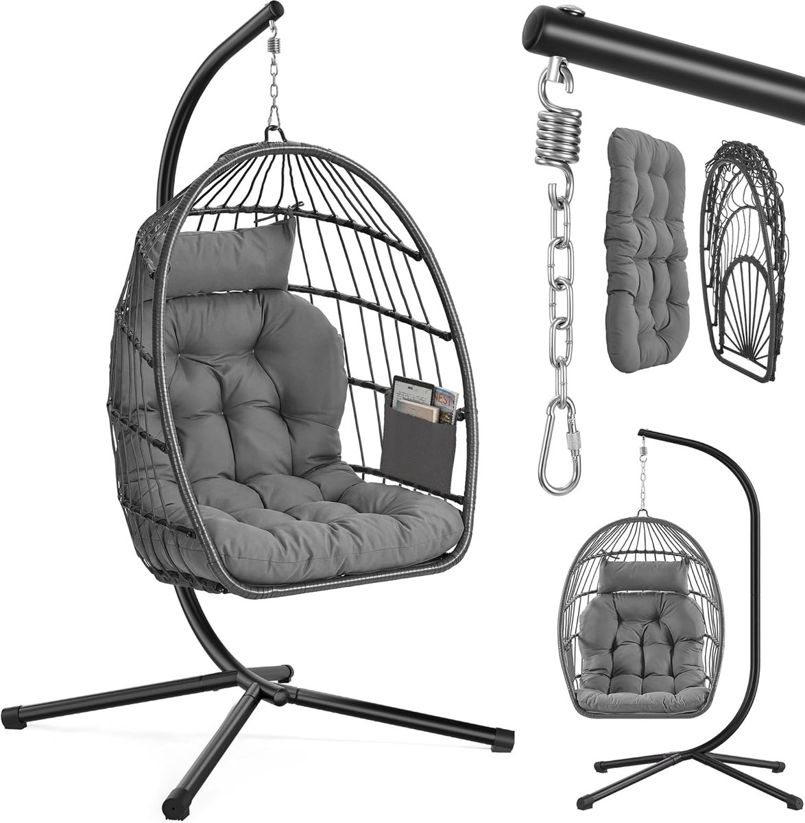 SONGMICS Hangstoel met frame, hangende schommel buiten, mandstoel, opvouwbaar en afneembaar, hangstoel in hoogte verstelbaar, zijvak, kussen, woonkamer, tuin, balkon, grijs GDC050GZ01