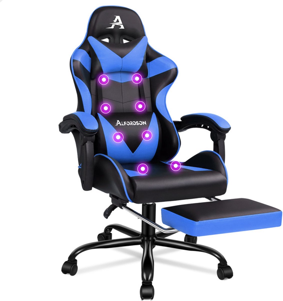 Gamestoel met voetensteun, 8 massagepunten en 150° kanteling, ergonomische racestoel met verstelbare hoogte en een draagvermogen van 180 kg