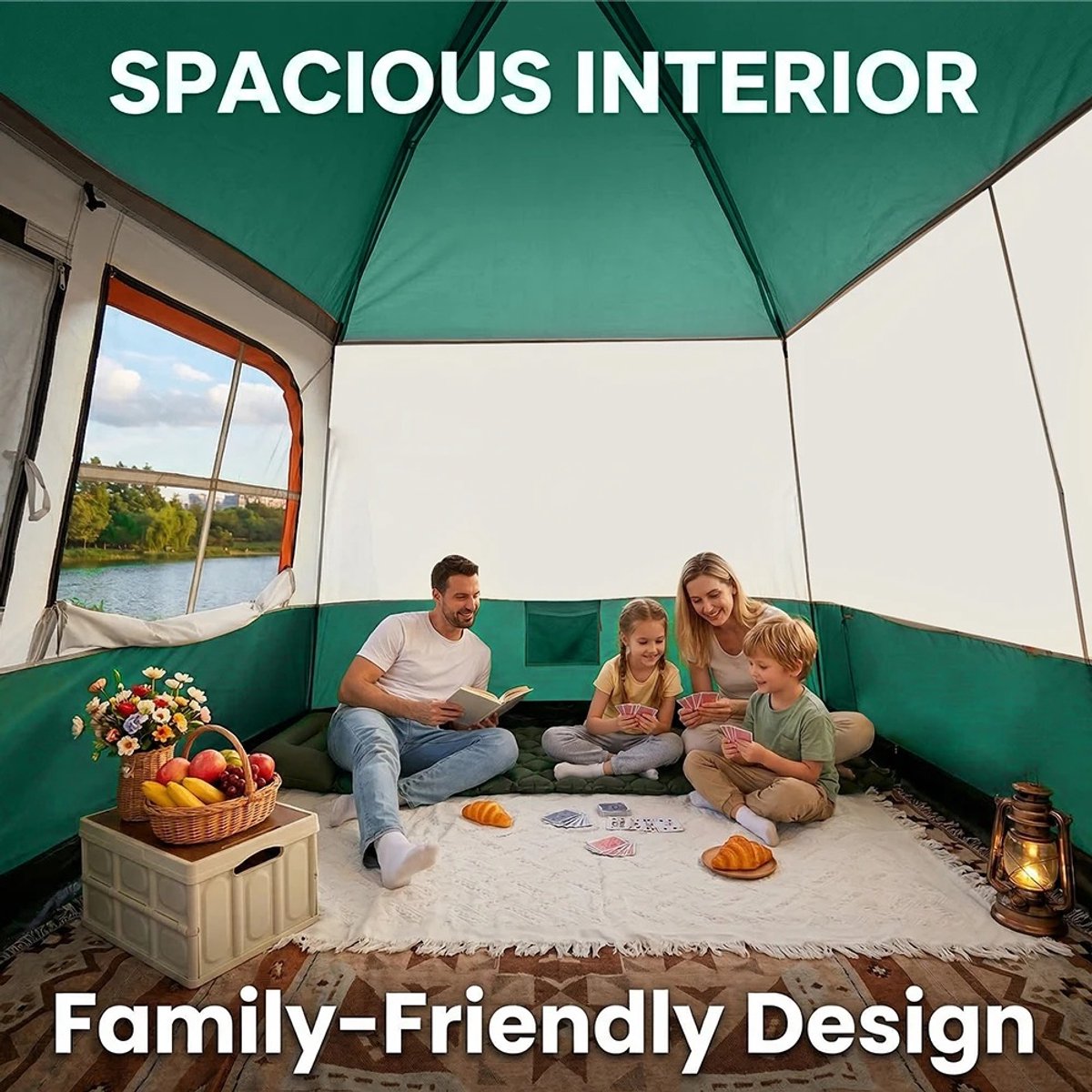 Tent - Campingtent - Familietent - Kamperen - Camping - 4-6 Personen - 320x210x180 cm - Uitklapbaar Zonnedak - Snelle Opzet - Groen/Beige – foto 6